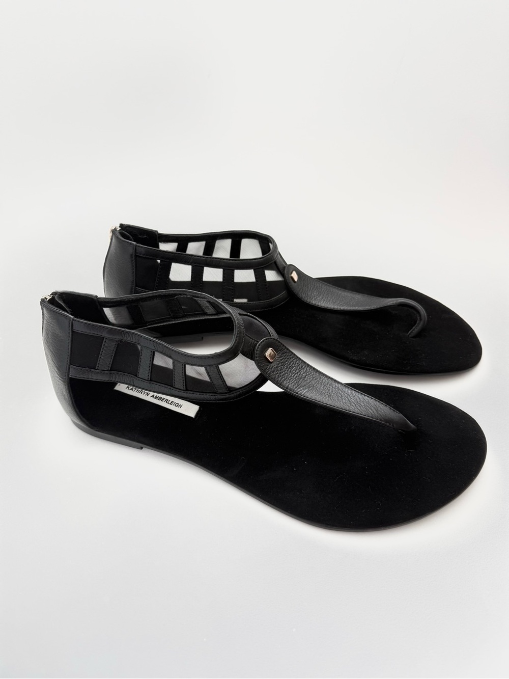 New Black Genuine Leather & Organza Flat Thong Sandals NYC Designer Handmade